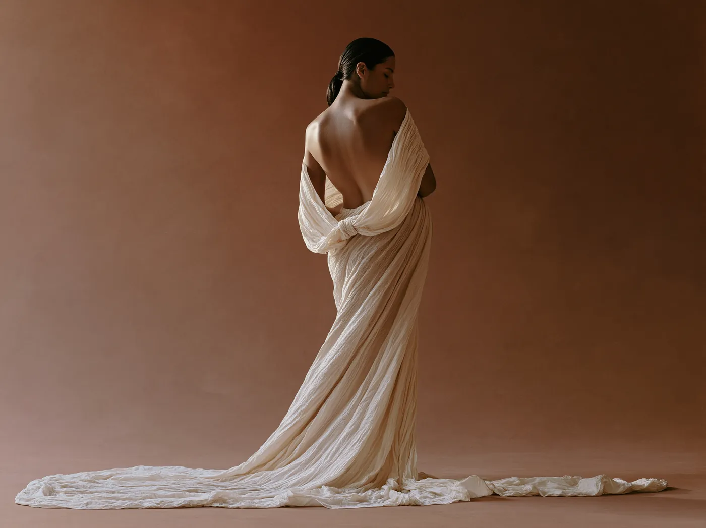 Fine art maternity portrait, bare back and long drapery against a warm ground